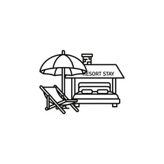 Naklejka premium Resort stay vacation icon with beach umbrella and bed line art