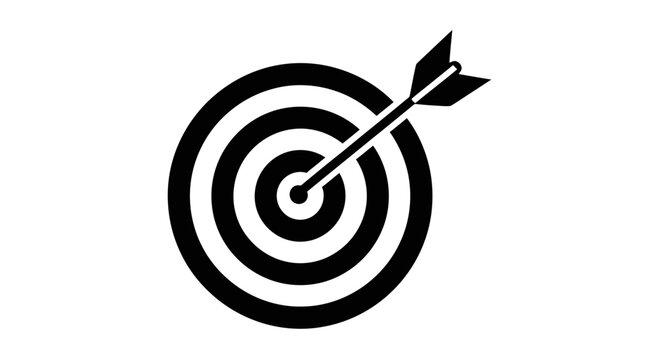 A black and white vector graphic of a target with an arrow hitting the bullseye, symbolizing accuracy and success.