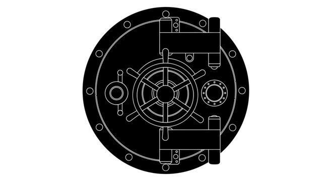 A black and white vector illustration of a safe door with a round handle and combination lock
