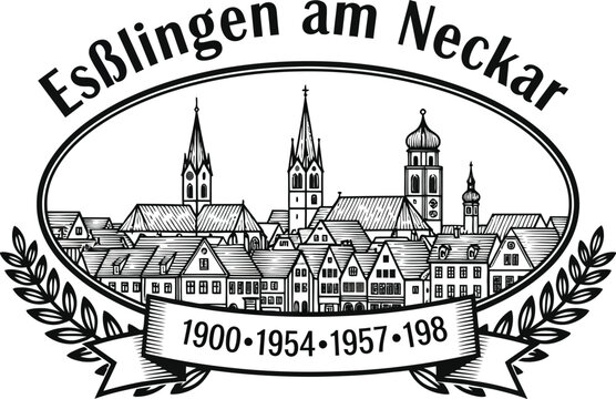 Vintage black and white illustration of german town Esslingen am Neckar cityscape with churches and 