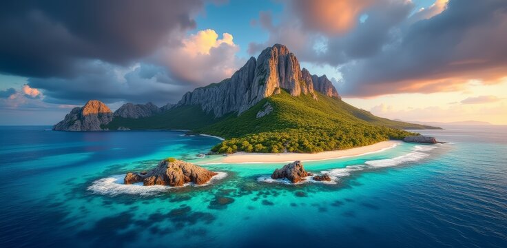 Dramatic tropical island paradise with jagged peaks and turquoise waters