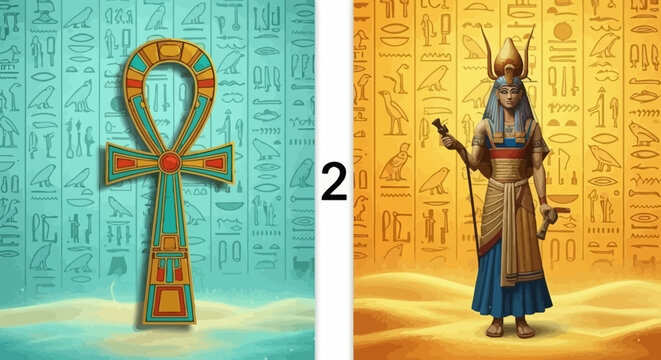 Ancient Egyptian Ankh Symbol and Goddess Isis on Hieroglyph Background