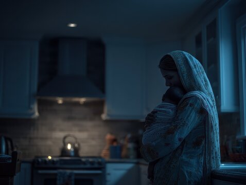 South Asian mother with postpartum anxiety rocking baby in dark kitchen at 4am