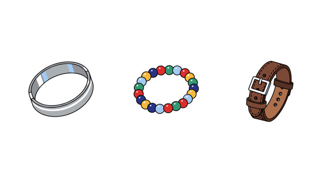 Three distinct wrist accessories a metal bangle, a colorful beaded bracelet, and a leather strap, embodying versatile personal style and fashion expression