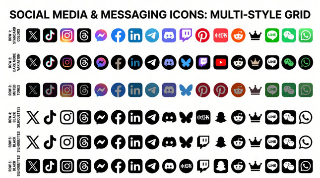 Social media icon set with social network logos of X, Instagram, Facebook, Threads, TikTok, LinkedIn, YouTube, WhatsApp, Pinterest, Reddit, Snapchat, Telegram, WeChat, Discord and messaging apps grid.