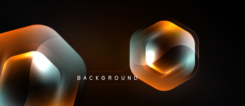 Dark backdrop features glowing neon shapes. Rounded squares, hexagons create abstract design. Modern, vibrant aesthetic.