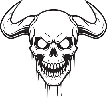 Demon Skull with Curved Horns and Dripping Jaw, Bold Line Art Style Black and White Vector Illustration
