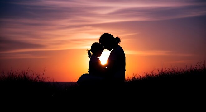 Mother and Daughter Silhouette Sitting Together at Sunset &ndash; Emotional Family Bond