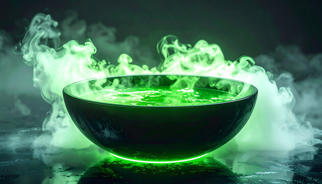 Mysterious Glowing Green Potion Bubbling in a Dark Bowl with Ethereal Smoke.