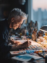 Fototapeta premium Nonbinary elder painting with watercolors in a quiet studio during a contemplative afternoon