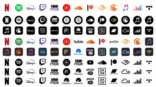 Streaming service icon set, media logo collection: Netflix, Spotify, Disney+, Twitch, HBO Max, YouTube, SoundCloud, Patreon, Audible, Apple Music, Prime Video, Peacock, Paramount+, DAZN, Bandcamp