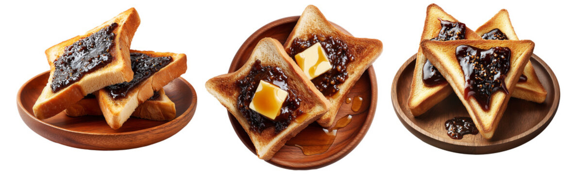Vegemite Toast bread slices with thick chocolate spread, isolated on white background, concept of Australia breakfast or snack