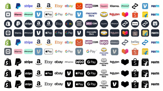 E-commerce and payment method icon set, marketplace logos, Shopify, PayPal, Stripe, Amazon, Etsy, eBay, AliExpress, WooCommerce, Square, Klarna, Afterpay, Venmo, Apple Pay, Google Pay, Rakuten, Paytm