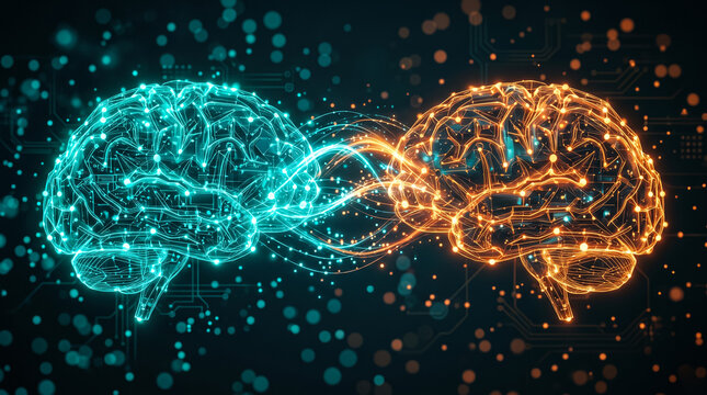 A digital visualization shows two glowing human brains connected by a flow of data and energy, symbolizing communication or synergy.