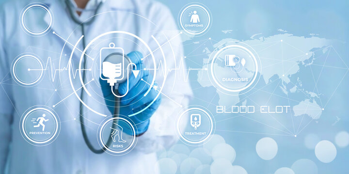 Medical professional wearing gloves and stethoscope examining health data with icons related to symptoms diagnosis prevention risks and treatment for blood clots overlaid on a world map