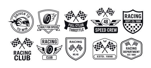 Retro racing badges vector set with motorsport logos, speed crew emblems, checkered flags, helmets and wings, featuring vintage typography for apparel, stickers and branding. © ABUBOKKORsiddik