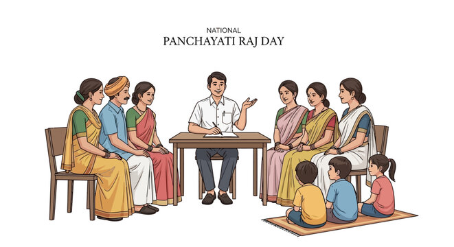 Vector illustration commemorates National Panchayati Raj Day in India, depicting a diverse group of villagers gathered around a table for a council meeting, symbolizing local governance