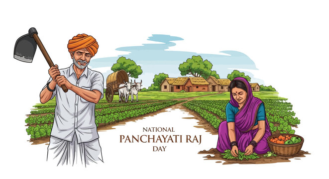On National Panchayati Raj Day, an illustration depicts a rural scene with a farmer holding a hoe and a woman harvesting vegetables in a field, showcasing the grassroots democracy