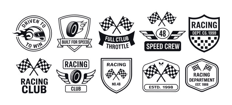 Retro racing badges vector set with motorsport logos, speed crew emblems, checkered flags, helmets and wings, featuring vintage typography for apparel, stickers and branding.