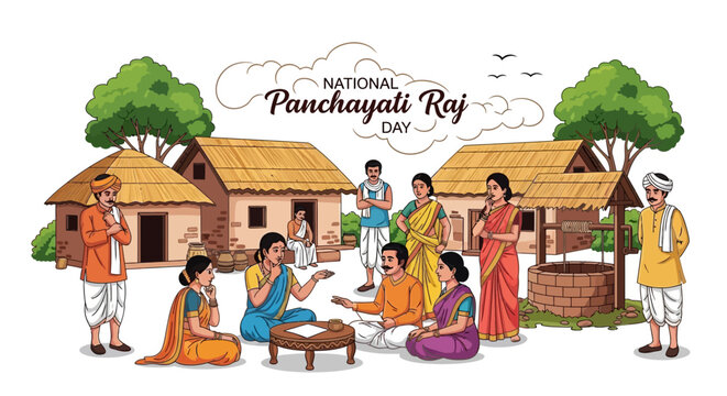 Illustrated concept for National Panchayati Raj Day showcasing village administration with people gathered outside traditional homes in a rural setting, presented in a vibrant, colorful