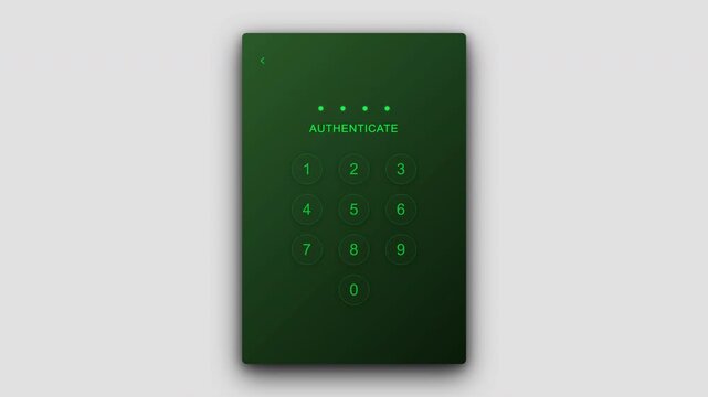 Green digital authentication screen with numeric keypad interface for secure mobile app access and privacy verification showing passcode input dashes 4K UHD
