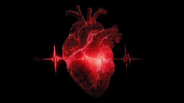 human heart shape with red cardio pulse line. Creative stylized red heart cardiogram with human heart on black background. Health, cardiology, cardiovascular diseases