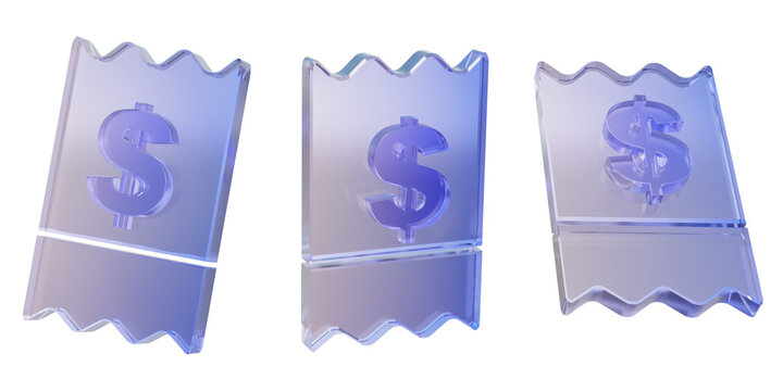 Set of cash receipt dollar momey icon glass style isolated on transparent png background. purchase invoice bill shop supermarket creative hologram gradient design. 3d rendering illustration