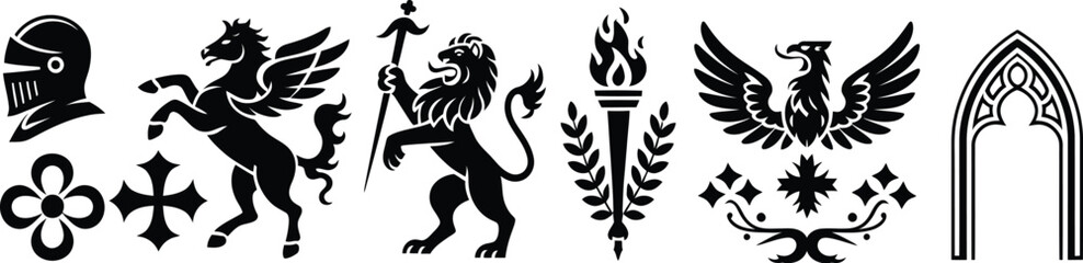 Medieval heraldic fantasy beasts vector set featuring linocut style magic dragon print, engraving mythology animal silhouettes, royal knight European folklore illustration, griffin, lion, 