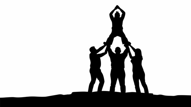 Silhouette of a group of people forming a human pyramid on a hill