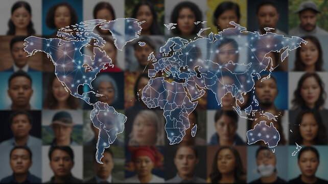 Diverse global population with world map overlay perfect for real estate and architectural showcases