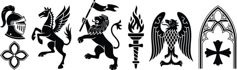 Medieval heraldic fantasy beasts vector set featuring linocut style magic dragon print, engraving mythology animal silhouettes, royal knight European folklore illustration, griffin, lion,  © WelcomeJune