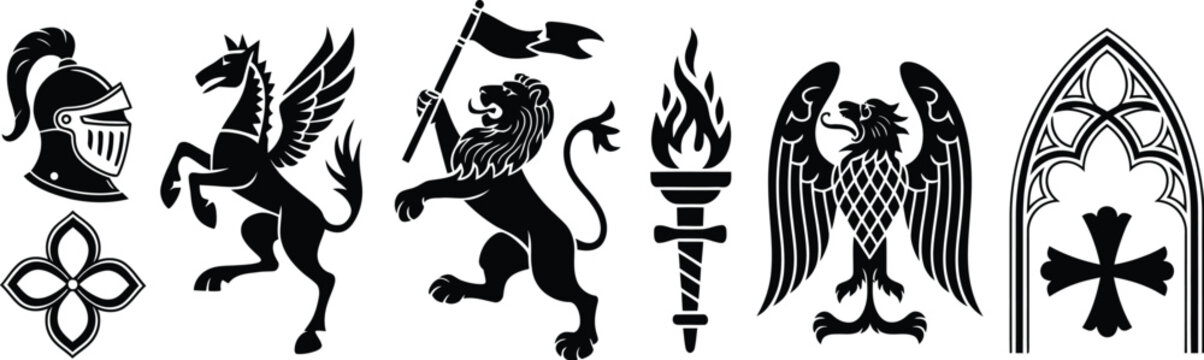 Medieval heraldic fantasy beasts vector set featuring linocut style magic dragon print, engraving mythology animal silhouettes, royal knight European folklore illustration, griffin, lion, 