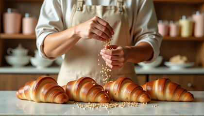 Obraz premium Hands sprinkling seeds over freshly baked croissants on marble counter for bakery product shot and culinary recipe background