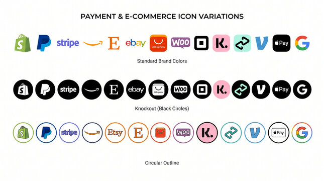 Payment and e-commerce icon set, online shopping logos collection, paypal, shopify, stripe, amazon, etsy, ebay, aliexpress, woocommerce, square, klarna, afterpay, apple pay, venmo, google pay icons