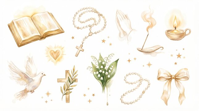 Watercolor religious set with bible rosary praying hands and lily of the valley