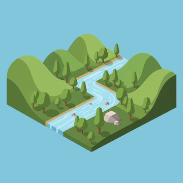 Isometric illustration of a serene landscape with a river flowing through green hills.