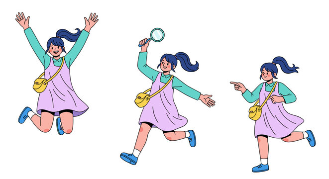 Vibrant cartoon girl jumping in three playful poses with purple dress and green shirt