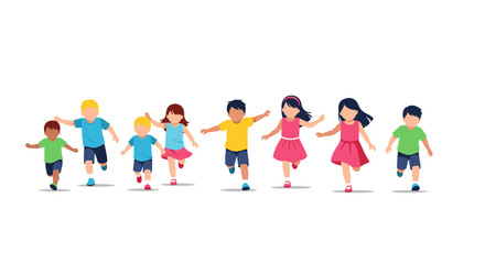 Fototapeta premium Diverse group of happy energetic children of various ages and ethnicities joyfully running and playing together outdoors in a flat vector illustration style symbolizing childhood