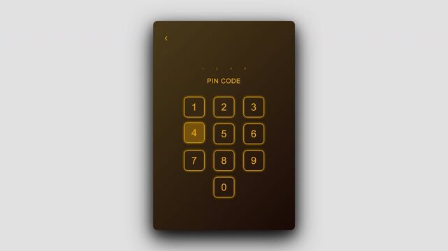 Professional numeric keypad interface for secure pin code entry with elegant gold orange glowing digits for mobile application login and authentication 4K UHD