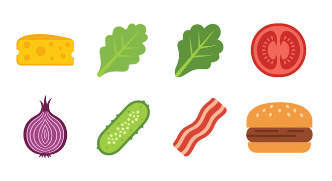 Collection of flat vector icons representing burger ingredients and components including cheese lettuce tomato onion pickle bacon and a complete burger set on a clean white