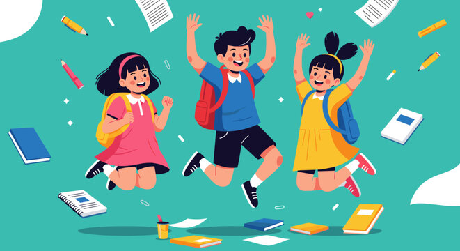 Happy students jumping with joy surrounded by school supplies and books vibrant cartoon style illustration for education and learning concepts