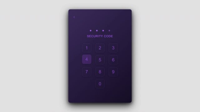 Advanced security code entry interface with deep purple violet glowing numeric keypad for private mobile app login authentication and data protection 4K UHD