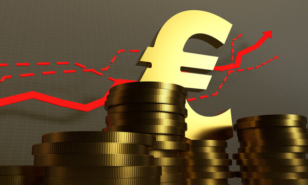 Piles of gold coins and success arrow currency symbols euro