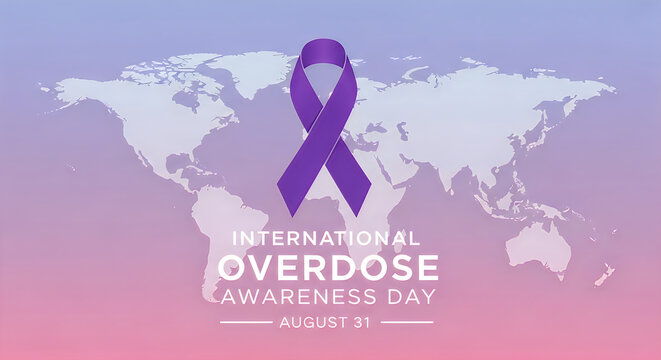 International overdose awareness day concept with purple ribbon on world map