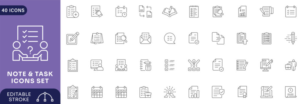 Note & Task icons set. Containing  task, clipboard, cheklist, notes, notebooks . Editable stroke.