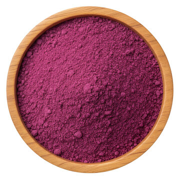 Purple beetroot powder in a wooden bowl isolated on a transparent background