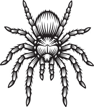 Tarantula Spider Viewed from Above with Hairy Body and Segmented Legs, Bold Engraving Style Black and White Vector Illustration
