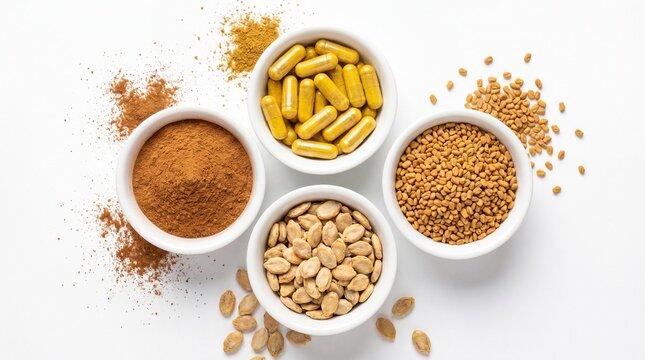 Blood sugar control spices in bowls flat lay, diabetic diet macro bright studio