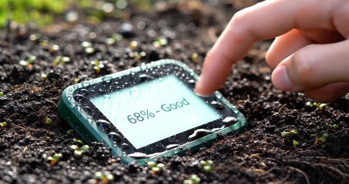 Hand interacting with a moisture sensor in wet soil, showcasing technology in gardening