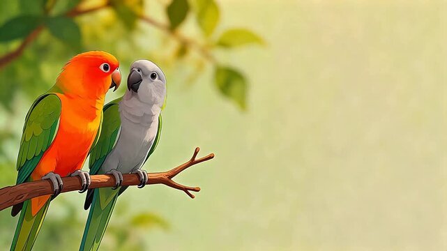 Two colorful parrots perched on a branch